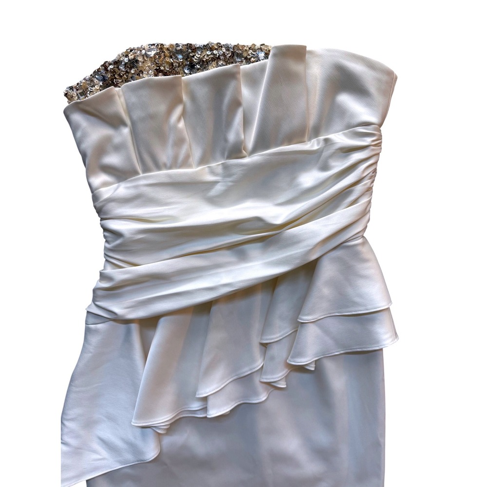 Laundry by Shelli Segal Cream Satin Strapless Sequin Ruffle Mini Dress Size 4 - Picture 6 of 8